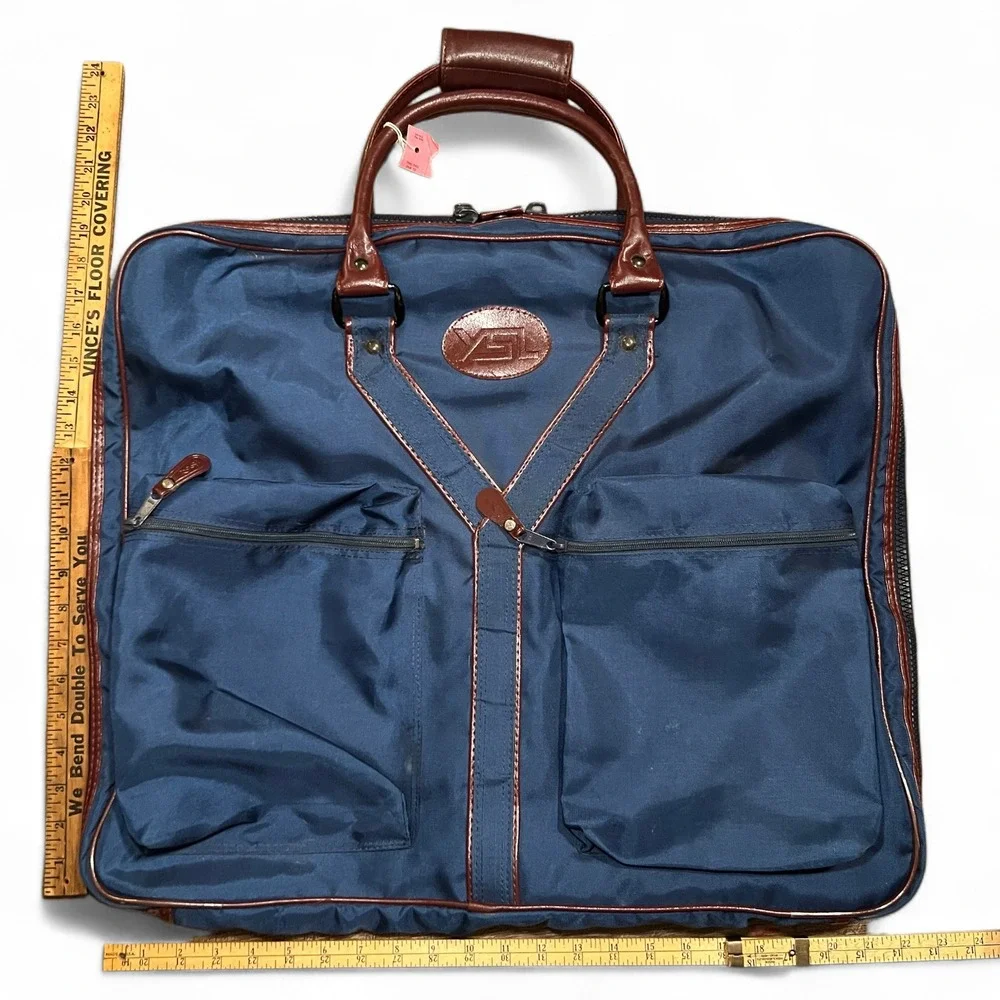 VTG Yves Saint Laurent Garment Suit Bag YSL Navy Blue Leather Travel USA GUC 90s